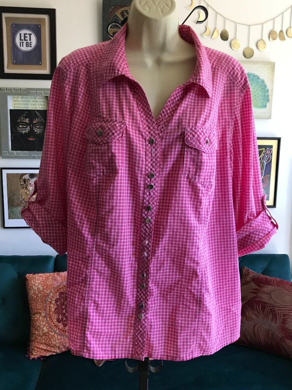 CJ BANKS size 1X Pink & White Gingham Check Plaid Button Front Blouse Top